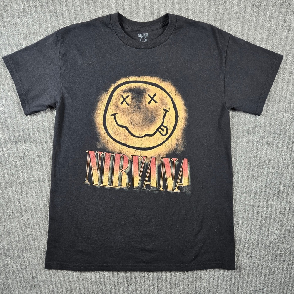 Nirvana T-Shirt Mens Medium Black Smiley Face Logo Grunge Rock Band Tee SKU001